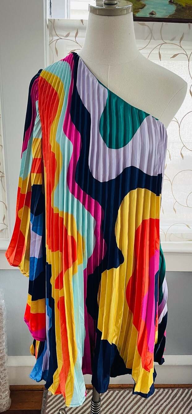Hutch One-Shoulder Abstract Rainbow Pleated Romper - Picture 2 of 9